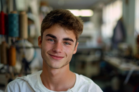 A young man with brown hair and a white shirt is smiling. He is standing in a room with a windowの素材