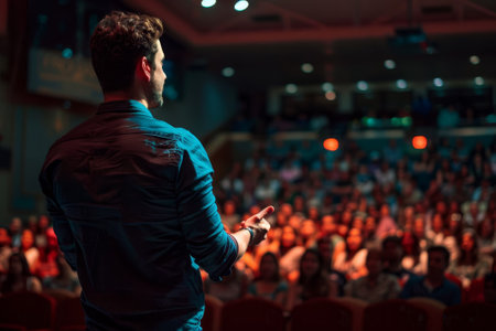 A man stands in front of a crowd, giving a speech. The audience is attentive and engaged, with many people looking at the speaker. The atmosphere is serious and focusedの素材