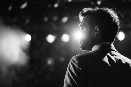 A man stands in front of a stage with lights shining on him. He is wearing a suit and tieの素材