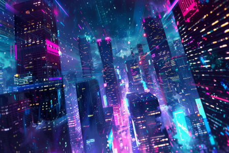 A cityscape with neon lights and a blue sky. The city is lit up with a neon glow, giving it a futuristic and vibrant atmosphereの素材