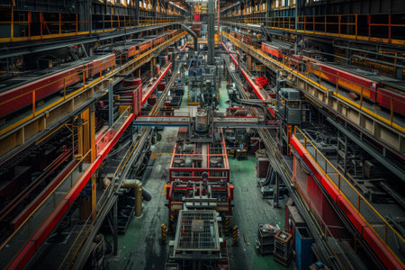 A factory with many machines and conveyor belts. Scene is industrial and busyの素材