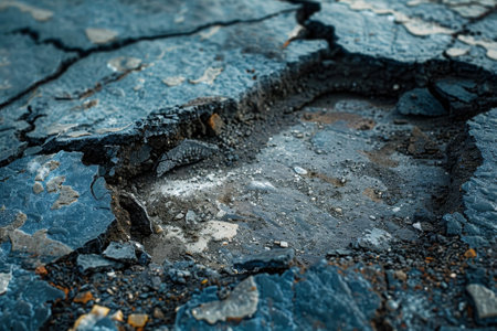 A cracked and broken road with a hole in the middle. The ground is covered in debris and rocksの素材