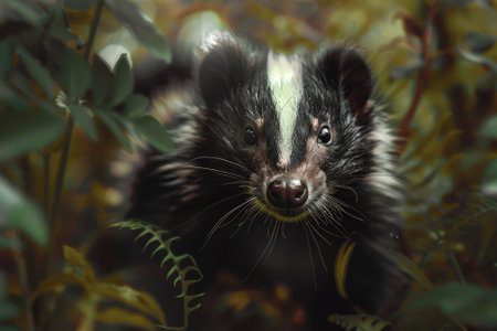 A black and white striped skunk is staring at the camera. The image has a moody and mysterious feel to it, as the skunk's piercing gaze seems to be looking right through the camera lensの素材