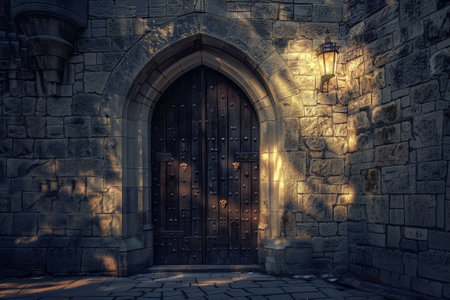 A large wooden door with a stone archway. The door is open and the light is shining on it. Scene is mysterious and eerieの素材