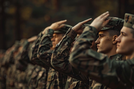 A group of soldiers are lined up and saluting. Scene is solemn and respectfulの素材