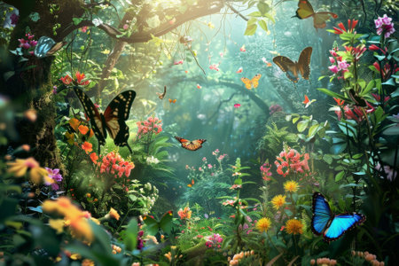 A colorful butterfly garden with many butterflies flying around. The butterflies are of different colors and sizes, and they are flying in the air. The garden is full of flowers. The scene is peacefulの素材