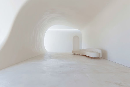 A large white room with a white ceiling and white walls. The room is empty and has a very clean and minimalist lookの素材