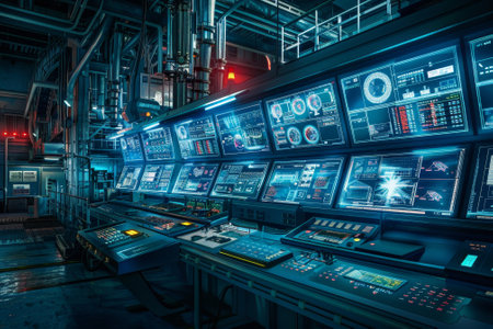 A computer room with many monitors and a large screen. The room is filled with technology and the screens are all lit up. Scene is one of productivity and focusの素材