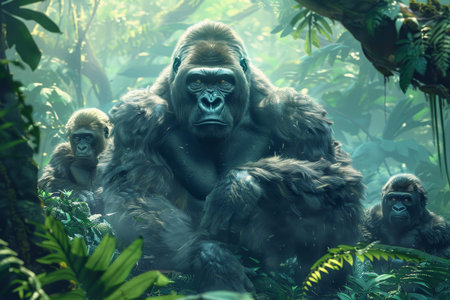 A gorilla is sitting in the middle of a jungle with two baby gorillas behind him. The scene is peaceful and serene, with the lush green foliage and the animals coexisting in harmonyの素材