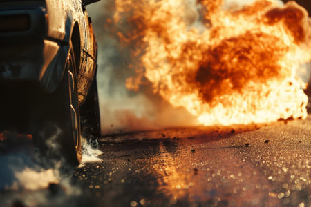 A car is on fire and the smoke is billowing out of the back. The scene is chaotic and dangerousの素材