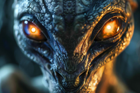 A close up of a strange alien face with glowing eyes. The alien has a menacing look on its face, and the eyes are particularly large and bright. Scene is eerie and unsettlingの素材