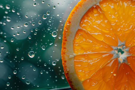 A close up of an orange with water droplets on itの素材