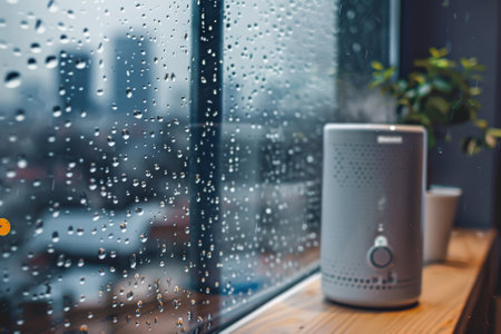 A small white device sits on a wooden shelf next to a potted plant. The scene is set in a room with a window that is covered in raindropsの素材