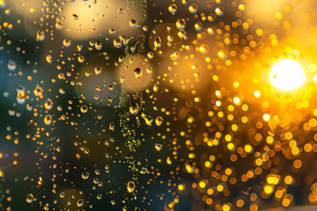 A window with raindrops on it and a sun in the background. The sun is setting and the raindrops are reflecting the lightの素材