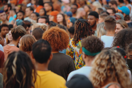 A crowd of people are standing together, with some wearing yellow shirts. Scene is lively and energetic, as the people seem to be enjoying each other's companyの素材