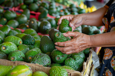 A woman is holding a green avocado in her hand. The avocado is surrounded by other green avocados in a displayの素材
