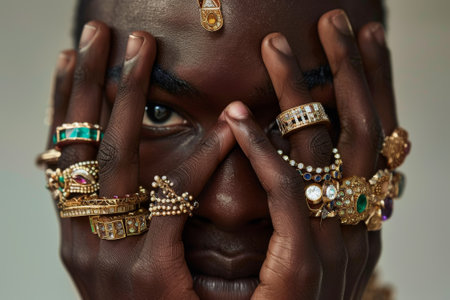A man is wearing many rings and a necklace. The rings are of different sizes and colors, and the necklace is also colorful. The man is posing for a picture, and the image conveys a sense of confidenceの素材