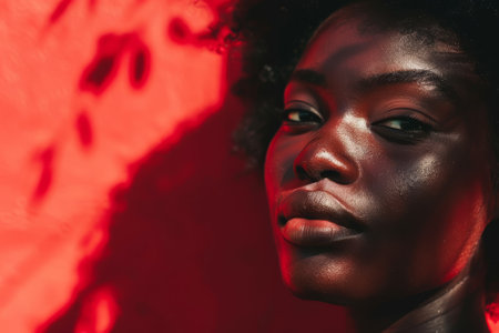 A woman with dark hair and a red background. She is wearing makeup and has a serious expression on her faceの素材