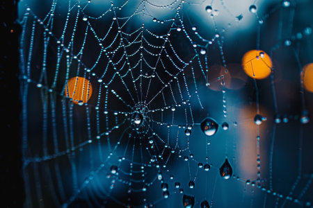 A spider web is shown with raindrops on it. The spider web is very intricate and detailed, with many small droplets of water on itの素材