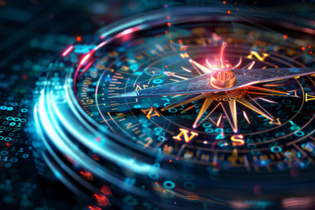 A blue and white computer generated image of a compass. The compass is surrounded by a blue circle with a white dot in the center. The image has a futuristic and technological feel to itの素材