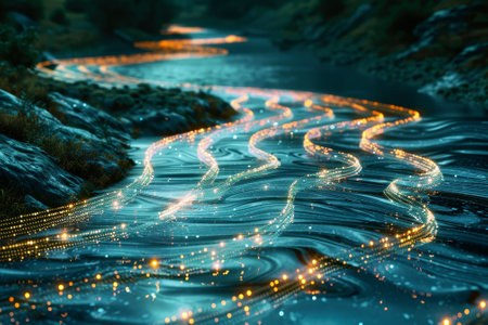 A stream of light is reflected in the water, creating a shimmering effect. The water appears to be calm and peaceful, with the light adding a sense of magic and wonder to the sceneの素材