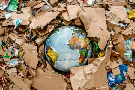 A cardboard box is opened and a globe is placed inside. The globe is surrounded by trash and debris, giving the image a sense of chaos and disarray. The juxtaposition of the globeの素材