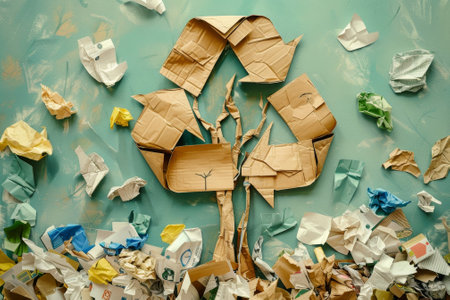 A tree made out of cardboard boxes is surrounded by trash. Concept of recycling and the importance of reducing waste. Scene is somewhat sad, as the tree is surrounded by garbageの素材