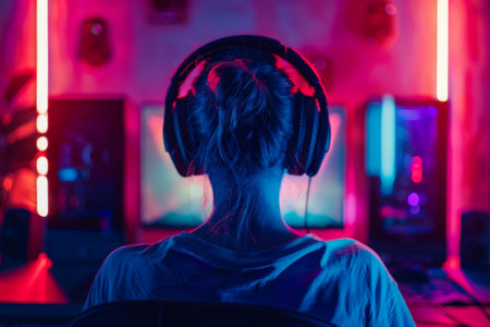 A woman is sitting in front of a computer with a headset on her head. The room is brightly lit with neon colors, creating a fun and energetic atmosphereの素材