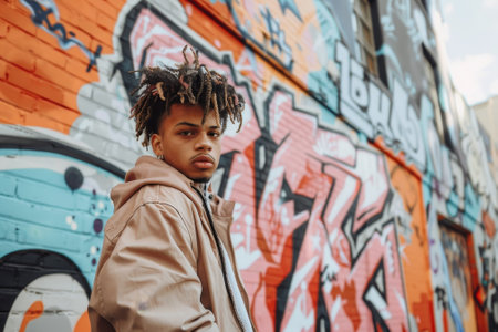 A young man stands in front of a graffiti wall, wearing a tan jacket. The wall is covered in colorful graffiti, giving the scene a vibrant and urban feelの素材