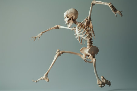 A skeleton is running on a gray background. The skeleton is in a running pose, with its arms outstretched and legs apart. Concept of movement and energyの素材