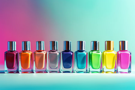A row of colorful nail polish bottles are lined up on a table. The bottles are of various colors, including pink, green, yellow, and purple. The bottles are arranged in a neat rowの素材