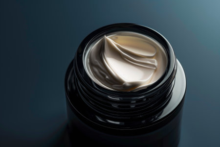 A small jar of cream is sitting on a table. The cream is white and has a smooth texture. The jar is made of glass and has a black lid. The cream appears to be a moisturizer or a lotionの素材