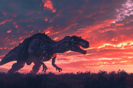 A large dinosaur is walking through a field at sunset. The sky is filled with clouds and the sun is setting, creating a warm and peaceful atmosphereの素材