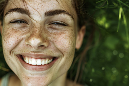 A woman with a smile on her face is laying on the grass. She has a lot of freckles on her faceの素材