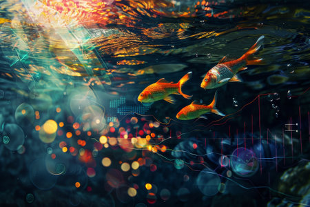 Three goldfish swimming in a dark blue ocean. The water is filled with bubbles and the fish are surrounded by a blurry backgroundの写真素材