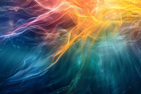 A colorful, swirling ocean with a blue and green background. The colors are bright and vibrant, creating a sense of energy and movement. The image is abstract and artistic, with the wavesの写真素材