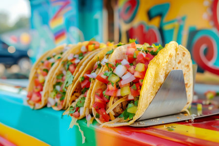 A group of tacos with vegetables on top of them. The tacos are on a silver tray. The tray is on a colorful tableの写真素材
