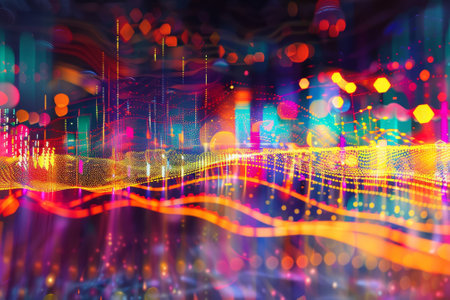 A colorful cityscape with a bright orange line running through it. The image is a representation of a city skyline with a wave of light and colorの写真素材