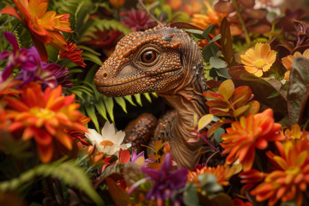 A dinosaur is standing in a field of flowers. The dinosaur is green and has a yellow eyeの素材