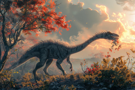 A dinosaur is walking through a forest with leaves falling from the trees. The sky is cloudy and the sun is setting, creating a moody atmosphereの素材
