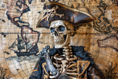 A skeleton wearing a pirate costume is standing in front of a map of the world. The skull has a pirate's eye and is wearing a gold and black costumeの素材