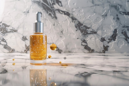 A bottle of perfume is on a marble countertop. The bottle is clear and has a silver cap. There are several small spheres of different sizes scattered around the bottleの素材