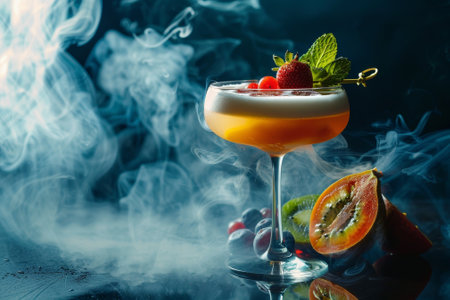 A glass of fruit punch with a strawberry on top and a kiwi slice on the tableの素材