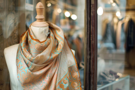 A scarf is displayed on a mannequin in a store window. The scarf is a bright orange and blue patterned scarfの素材