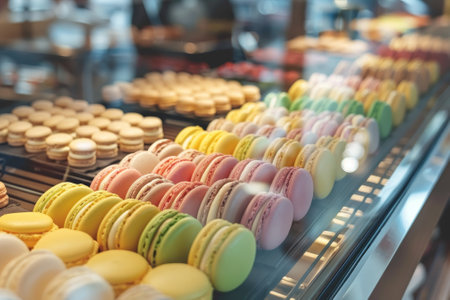 A display of pastries with a variety of colors and flavors. Concept of abundance and variety, as there are many different types of pastries on displayの素材