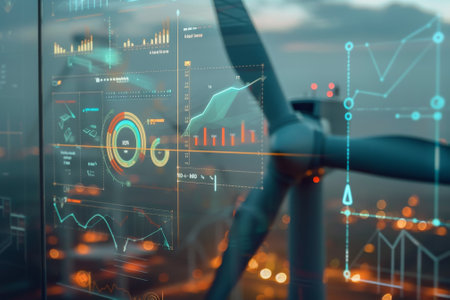A computer monitor displays a graph of wind speeds and a digital clock. Concept of technology and progress, as the wind turbine is a symbol of renewable energyの素材