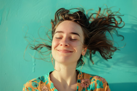 A woman with long hair is laying on her back and smiling. She has a floral dress on and is wearing earringsの素材