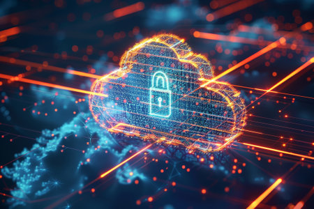 A blue and red cloud with a key on it. The cloud is surrounded by a red and orange backgroundの素材