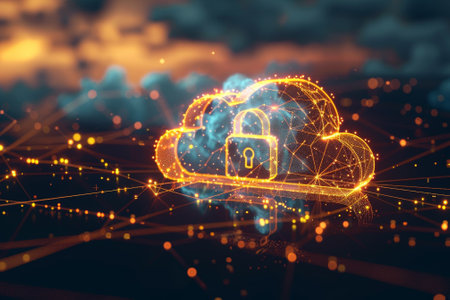 A cloud with a key on it. The cloud is surrounded by a network of lines. Concept of security and protectionの素材