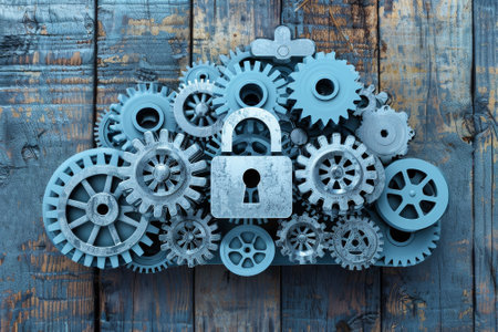 A blue and silver machine with a lock on it. The lock is surrounded by gears. The machine is made of metal and woodの素材